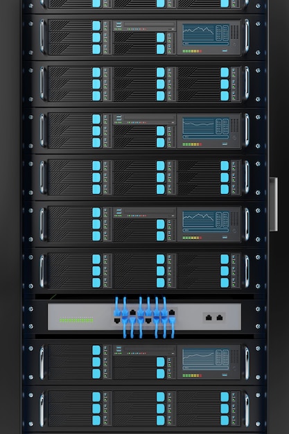 Foto chiuda il rack del server del computer.