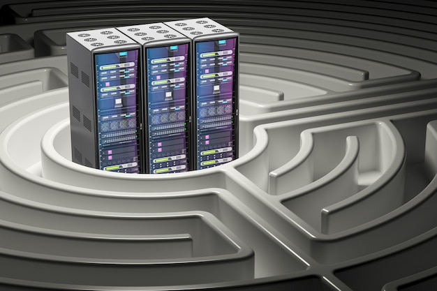 Foto computer server racks binnen labyrint doolhof 3d-rendering