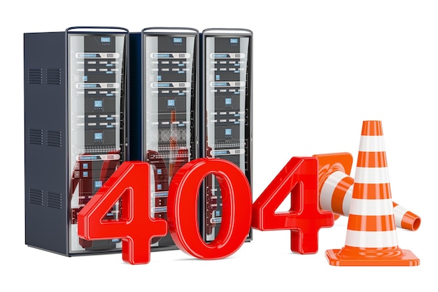 Photo computer server racks with 404 text technical problem concept 3d rendering