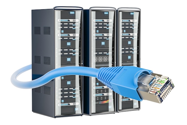 computer server racks with lan internet cable 3d rendering