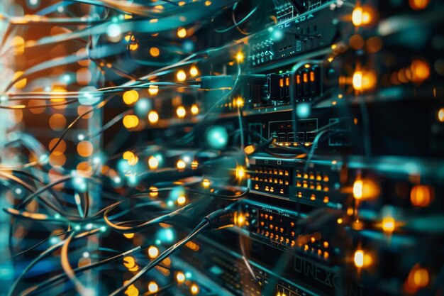 a computer server with numerous wires and indicator lights showcasing the complexity of network security protocols render the complexity of network security protocols in a visual format
