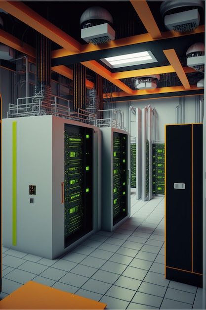 Computer servers with green lights in server farm created using generative ai technology