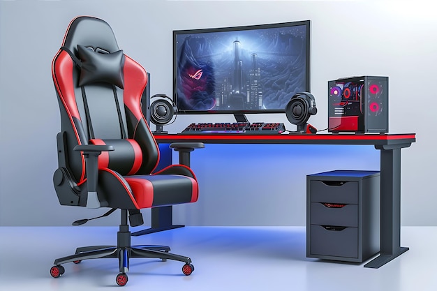 Photo computer setup isolated with gaming chair