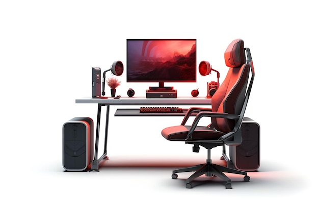 Photo computer setup with a gaming chair isolated on white photo