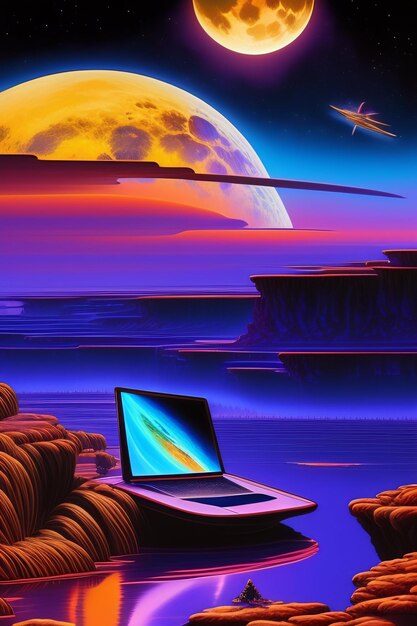 A computer sits on a cliff in front of a moon