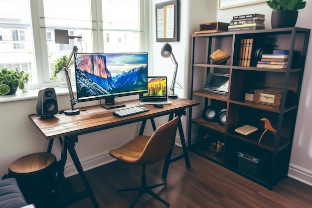 Photo a computer sits on a desk in a welllit room surrounded by various office supplies and a chair a modern and trendy home office setup ai generated