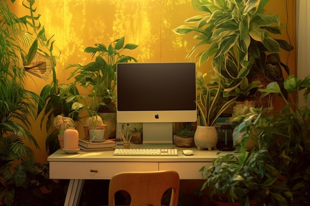 Компьютер стоит на столе с растением на заднем плане.