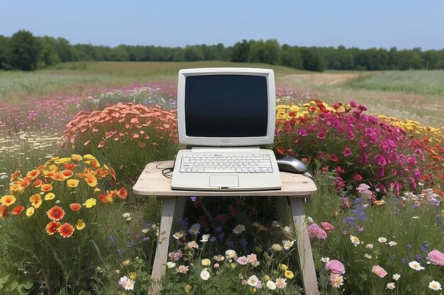 Foto computer seduto in cima a un campo di fiori