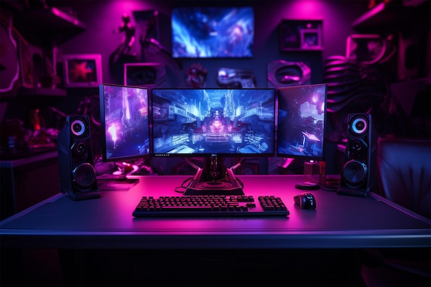 computer spelen op een tafel in een videospelkamer met neonverlichting in paarse kleur