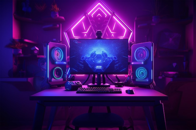 computer spelen op een tafel in een videospelkamer met neonverlichting in paarse kleur