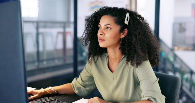 computer startup or happy black woman programmer for cybersecurity app coding or digital calendar in office hacker tech or employee with pc writing software code programming or data analytics