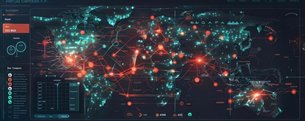 Foto un cruscotto del sistema informatico che mostra una mappa delle minacce di malware in tempo reale con diverse regioni evidenziate che indicano infezioni attive