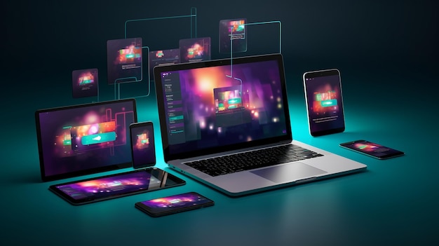 Foto computer tablet con un laptop e un telefono cellulare con un sacco di schermi colorati