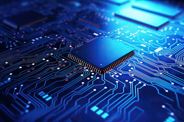 Computer technology image with circuit board background ideal for various topics related to