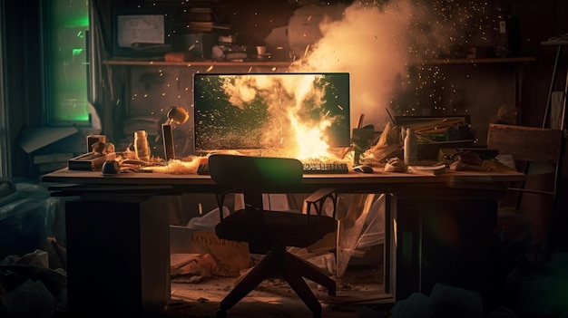 A computer that has been burned in a dark room with a burning screen.