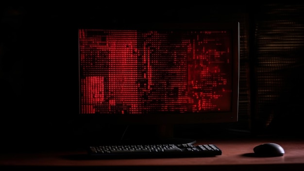 A computer that has just been hacked red code on the screen for hacking