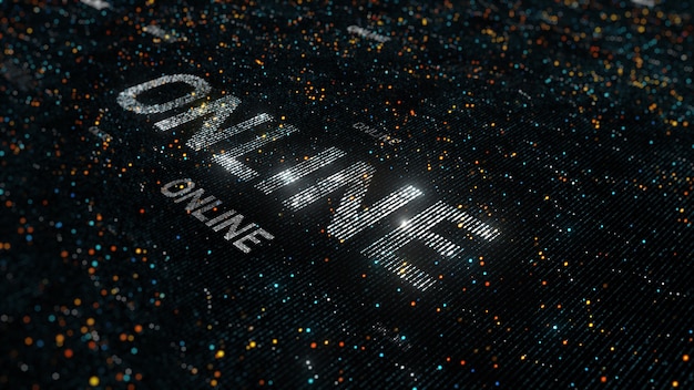 Computer theme word made of random dots on fractured string background with glow, abstract digital background with depth of field, particle style illustration