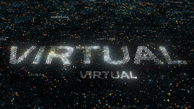 Computer theme word made of random dots on fractured string background with glow, abstract digital background with depth of field, particle style illustration