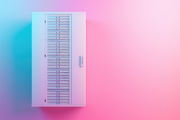 A computer tower is placed on top of a vibrant pink and blue background Simplistic server rack on a pastel background AI Generated