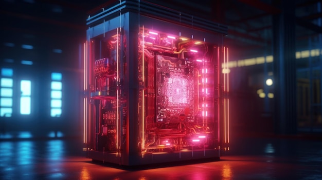 Photo a computer tower with pink neon lights and a circuit board.