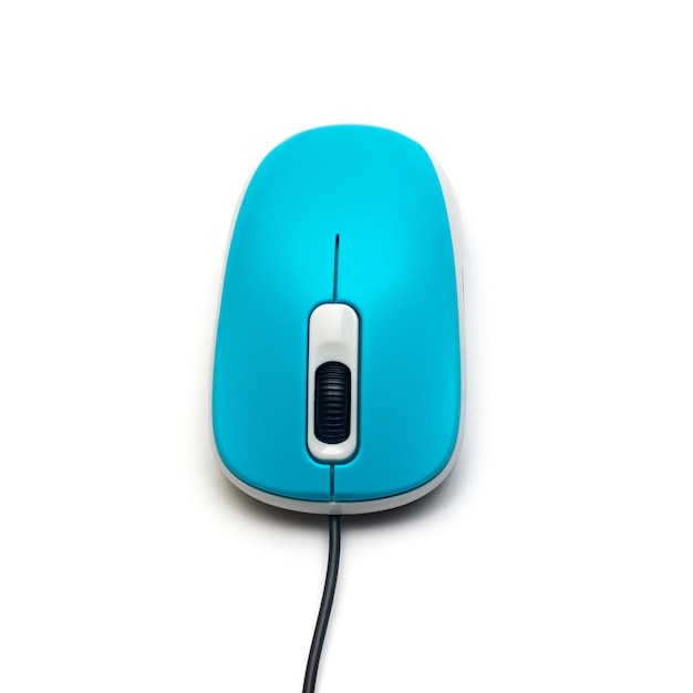 Computer Trendy Wired Mouse Blue Isolated on a White Background. Flat lay, top view