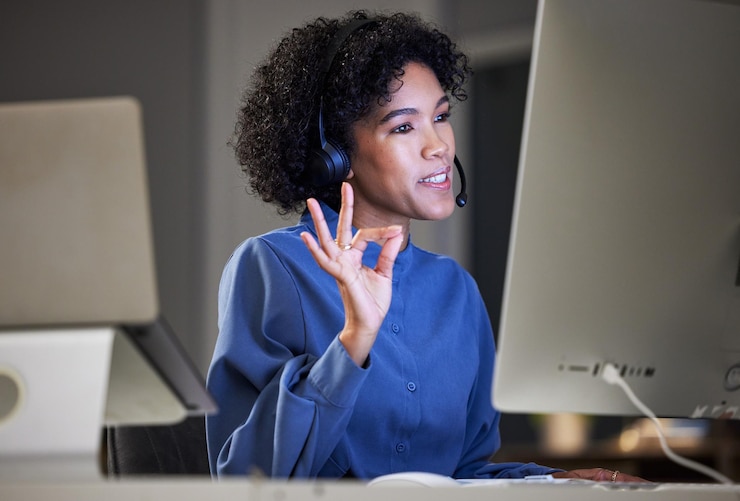 Photo computer video call call center and woman okay gesture for feedback consultation perfect telemarketing or voting opinion virtual meeting ok emoji sign and business person on online night webinar