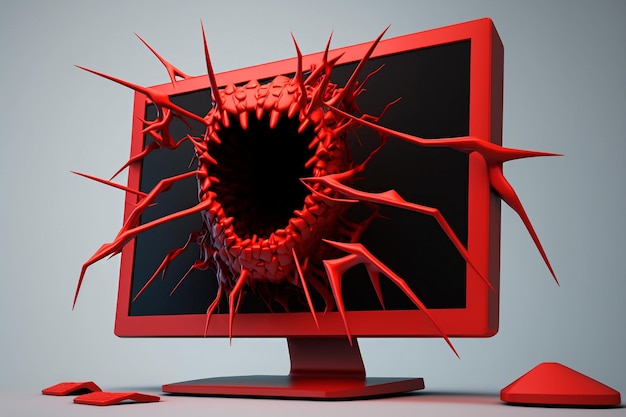 Computer virus red monitor screen illustration Generative AI