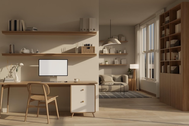 Computer wit scherm mockup met decor op een houten tafel in gezellige minimale thuiswerkruimte