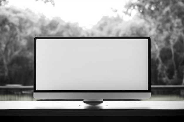 Foto computer con schermo bianco vuoto in ufficio