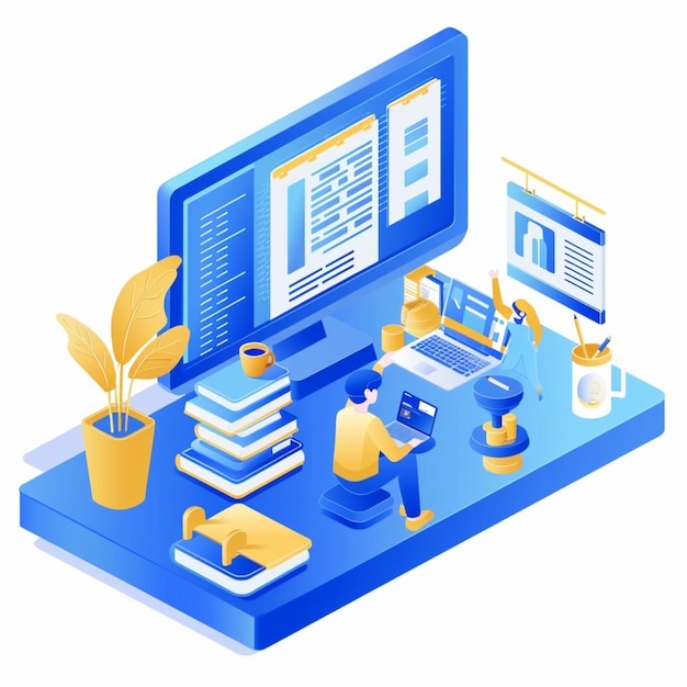 a computer with a blue screen and a plant on it