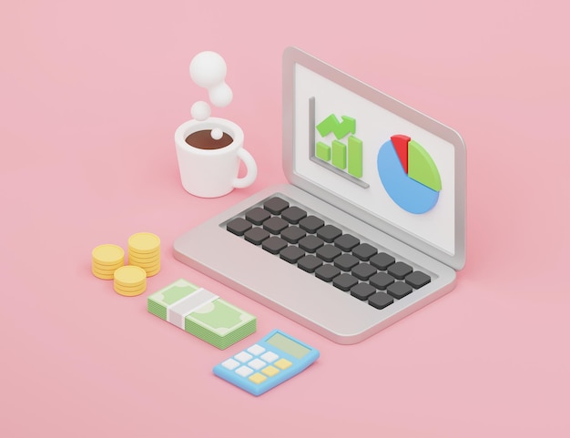 Computer with charts and graph analysis business financial data 3d illustration