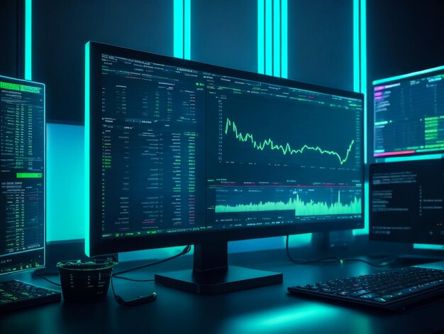 Computer with crypto trading stock exchange market points finance reports