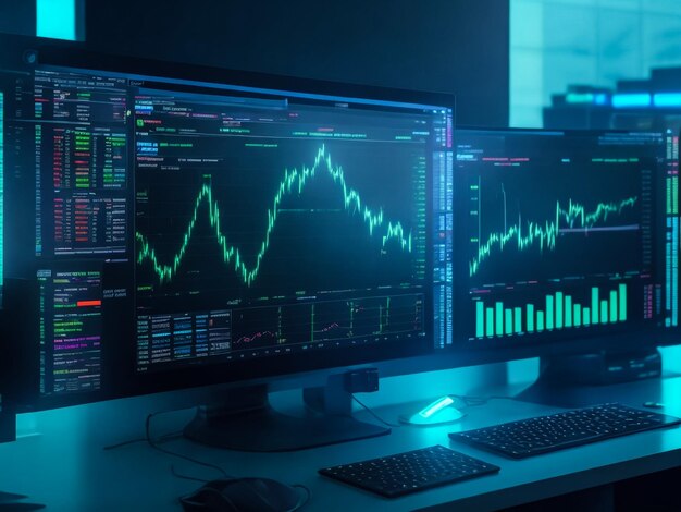 Computer with crypto trading stock exchange market points finance reports