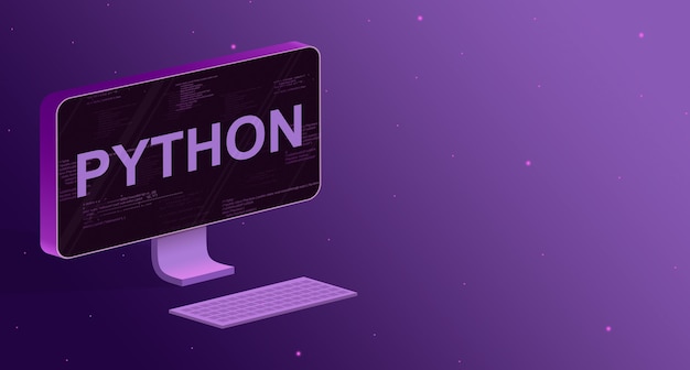 Компьютер с элементами программного кода на экране и надписью Python и клавиатура на фиолетовом фоне 3d