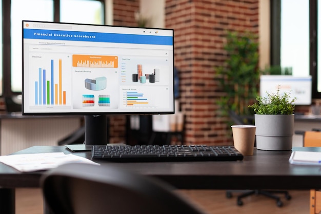 Computer with financial company data on charts in office. Empty business space with economy analytics following rate trend on monitor to make investment for organization development.