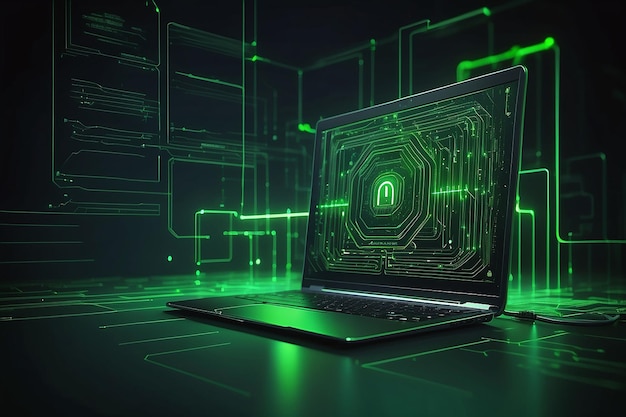 computer with green line web system networking illustration bacground