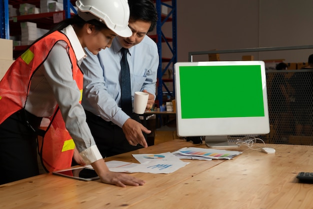 倉庫保管室に緑色の画面を表示するコンピューター