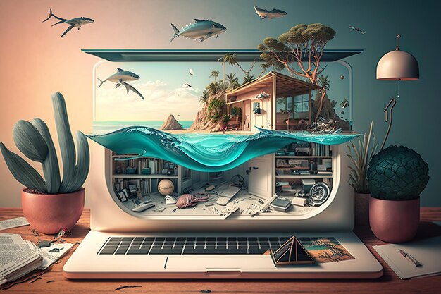 A computer with a house and a fish swimming in the water