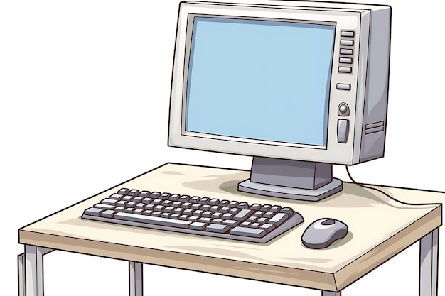 Computer with keyboard and mouse cartoon style isolated