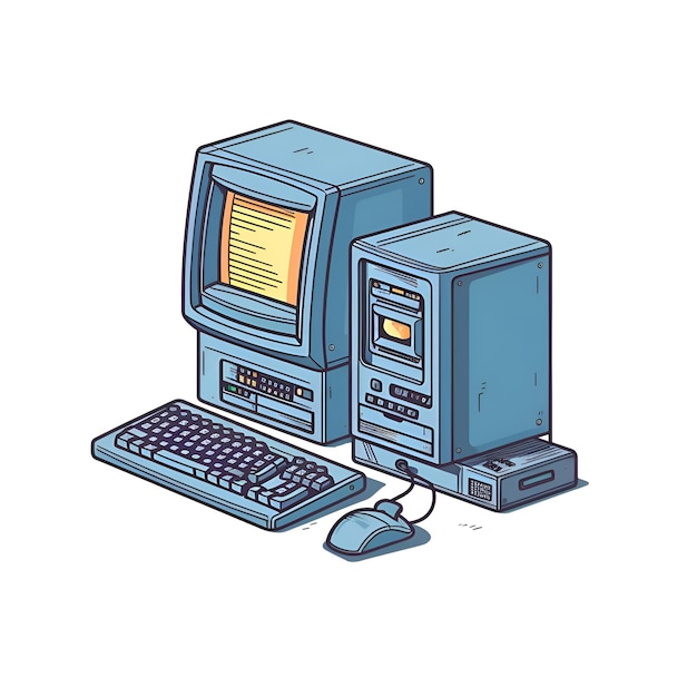 Computer with keyboard and mouse illustration in doodle style