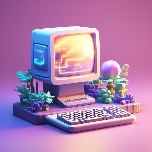 Photo a computer with a keyboard and a plant