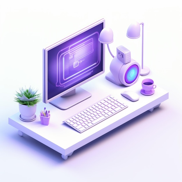 a computer with a purple screen and a plant on the table