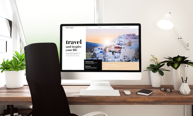 Foto computer con sito web di viaggi sulla tabella rendering 3d