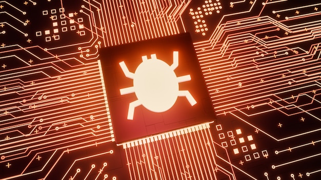 Computerbug of virusmalware gevonden in computermicroprocessoreenheid of cpu, kwetsbaar netwerkbeveiligingssysteem, 3D-rendering op laag niveau hardware hacking aanval datalekken concept