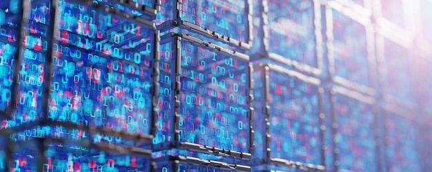Computercode Digitale technologische achtergrond Kubus met binaire code Abstract technische achtergrond Abstract ruimtelijke achtergrond Digitale technologie achtergrond Blockchain Network Data Stream 3D-rendering