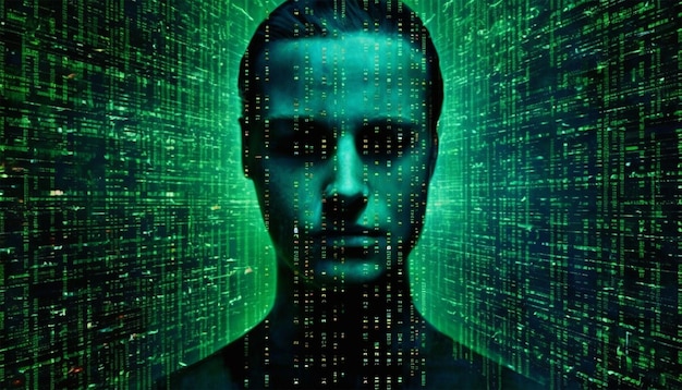 Computercode hologram en persoon die aan gegevensanalyse denkt nacht cybersecurity en software