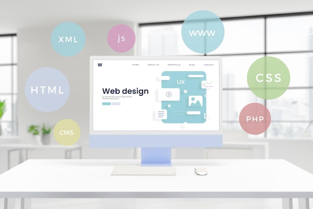 Computerdisplay toont een conceptuele webontwerpstudio-pagina met lay-out-elementen