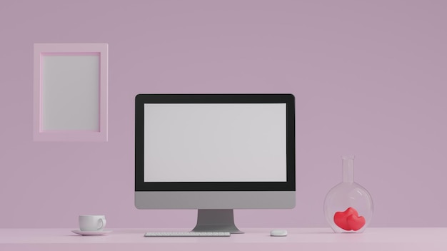 Computerdisplay voor mockup op tafel valentine concept 3D rendering