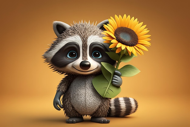 Computergenerated animation of a charming raccoon holding a sunflower