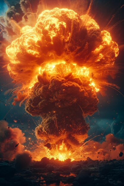 Photo computergenerated image of massive orange fireball with smoke and flames surrounding it